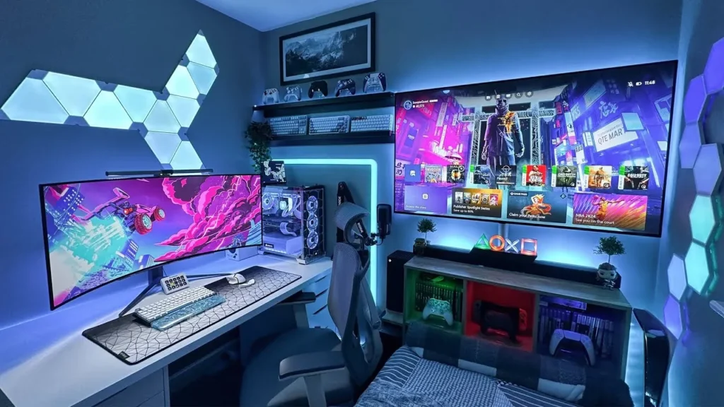 habitación gaming con cama, tonos azules.