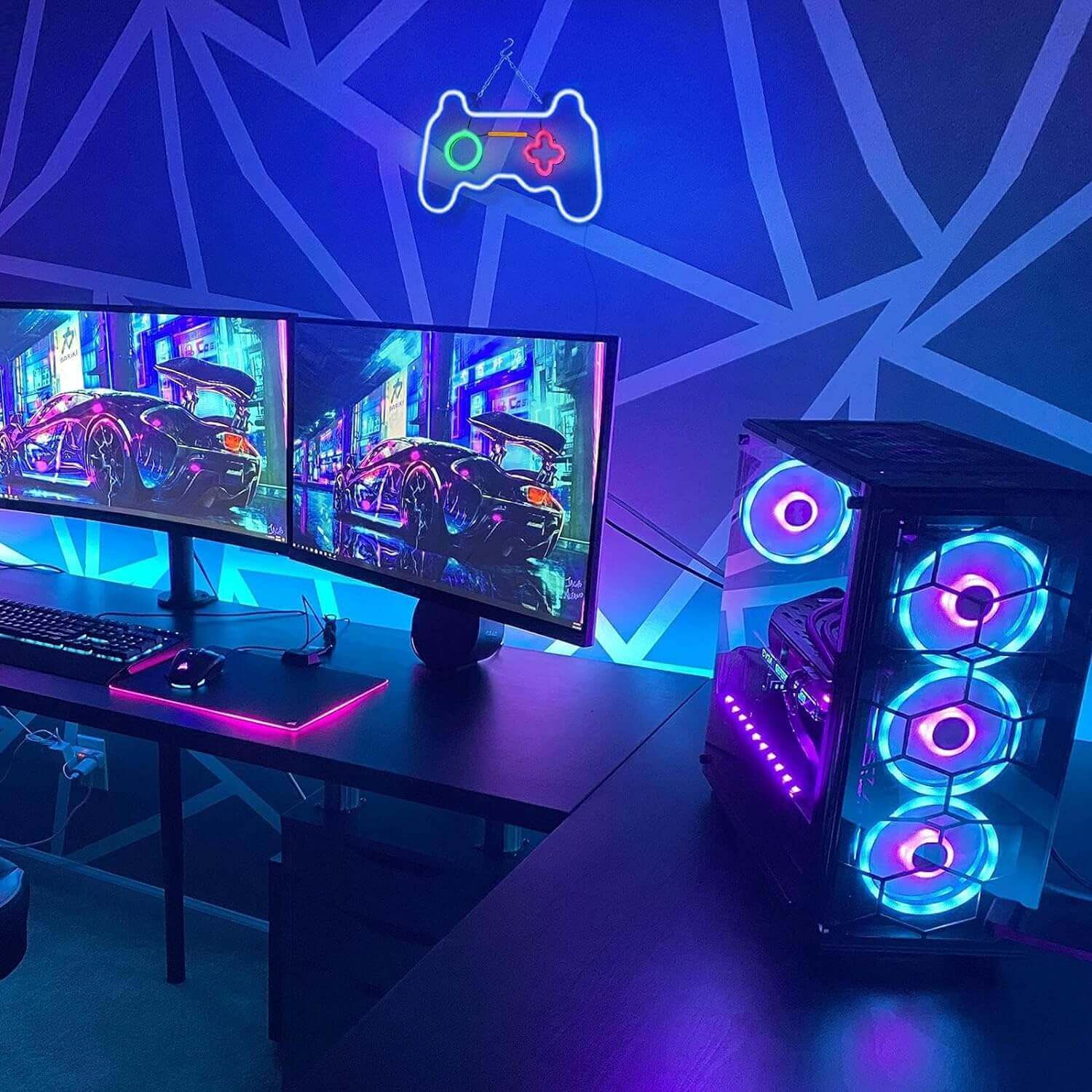 luces led y neón en gamer room
