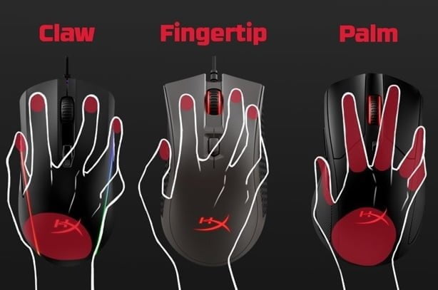 tipos de agarre ratones gaming, Palm, Claw, Fingertip.