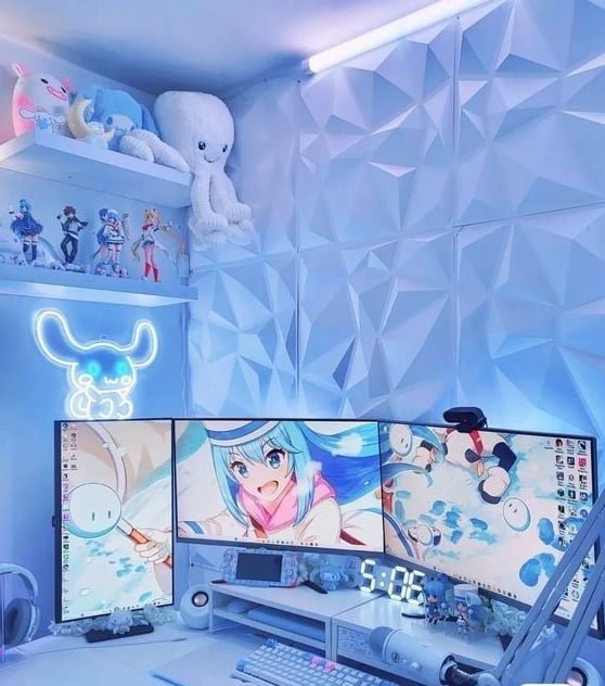 habitaciónes gaming blancas que junto a figuras coloridas y luces rompen el blanco